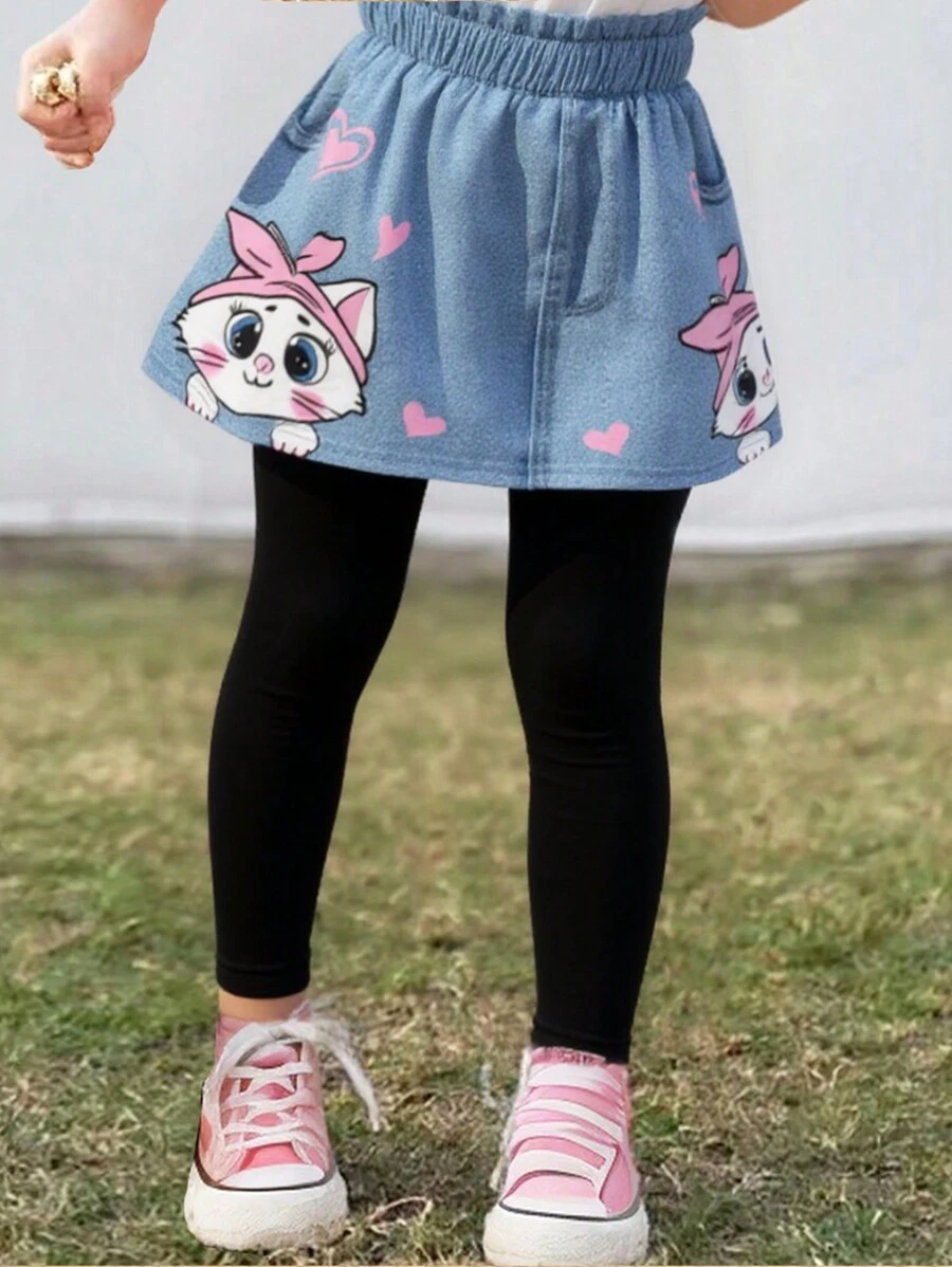 SHEIN Kleine Mädchen Kleid mit Katzen-Muster und Leggings, 2 in 1, leicht, Lässig, vielseitig einsetzbar für Frühling & Herbst