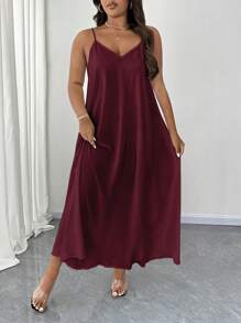 Maweii 加大码优雅纯色细肩带酒红色连衣裙长款女装 - 酒紅色 - 查看 5