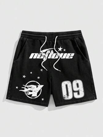 Prep Men's Basketball Letter Print Drawstring Waist Casual Shorts