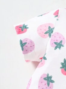 2pcs/Set Newborn Baby Cute Strawberry Print Comfortable & Easy To Wear Long Sleeve Footed Romper, Fashionable Sleepwear - Pink - View 3