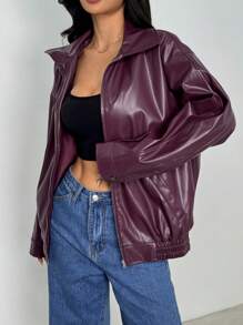 SHEIN ICON Drop Shoulder Zip Up Black PU Jacket - Rose Red - View 6