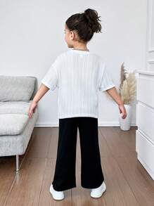 2pcs/Set Young Girls Solid Knit Round Neck Fitted T-Shirt + Loose Knit Wide-Leg Pants