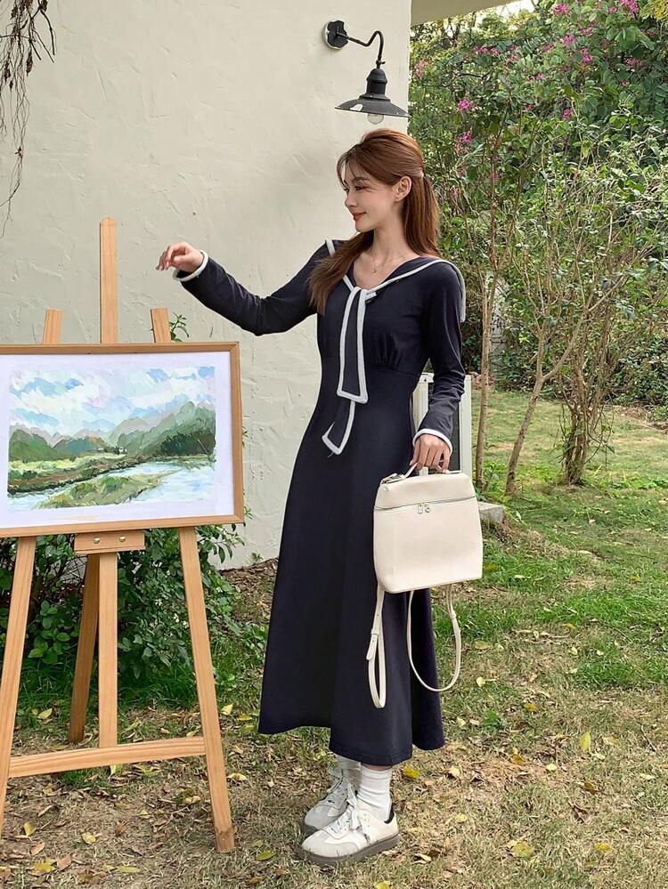 Women's Navy Collar Tie Waist Casual Color Block Midi Dress,Fall Dress Long Sleeve Dress