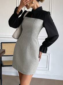 SHEIN Frenchy 女士优雅通勤拼色拼接二合一修身短裙小香风拼接泡泡袖点亮二合一套装优雅女装日常穿着格纹连衣裙女士优雅办公室通勤适合春秋季 - 黑色 - 查看 5