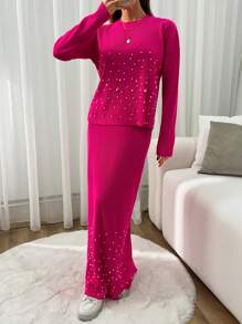RueChic Conjunto de tejido de punto de falda larga y jersey con perlas - Rosa Fucsia - Ver 3