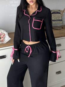 女士撞色滚边单排扣长袖上衣和裤子睡衣套装，舒适优雅细节，秋冬服装 - 黑色 - 查看 6