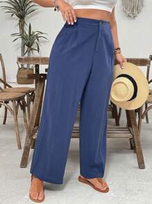 SHEIN VCAY Quần ống rộng xếp ly túi trơn cỡ lớn cho nữ - Rửa tối - Xem 4