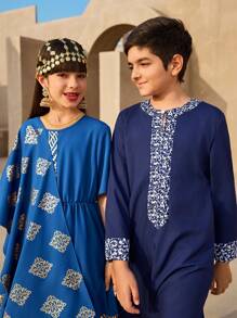 2pcs Tween Boy Retro Print Long Sleeve Top & Solid Color Pants Set - Black - View 5