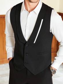 Manfinity Mode Men's Business Attire, Featuring A Formal And Elegant Style With A Classic Black Suit Vest. The Vest Showcases An Asymmetrical White Color-Block Design On The Front Lapel, Adding A Stylish Touch And Enhancing Sophistication. It Makes An Excellent Gift Idea For Boyfriends Or Husbands And Is Suitable For Daily Commuting, Banquets, And Other Formal Occasions. Prom Suits For Men Wedding Outfit For Men Wedding Suits For Men