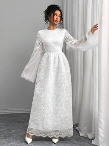 SHEIN Unity Women's Elegant Lace Patchwork Chiffon Tassel Dress Fall Cloth For Women - White - View 4