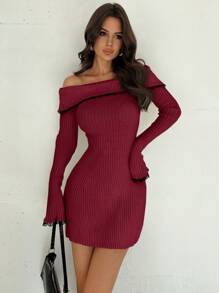 Firerie Elegant And Sexy White Contrast Color Lace Splicing Off Shoulder Bell Sleeve Cinched Waist Mini A-Line Sweater Dress, Autumn/Winter - Burgundy - View 1