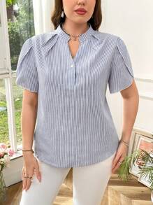 SHEIN Privé 大码女式蓝白条纹荷叶边领灯笼袖休闲优雅办公衬衫，春夏 - 藍白色 - 查看 6