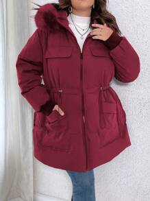 Calvaya Plus Size Solid Color Drawstring Waist Faux Fur Hooded Winter Jacket - Red - View 3