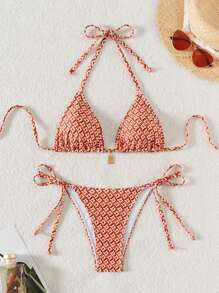 Conjunto de bikini de triángulo con estampado geométrico y colgante de metal para el cuello, atuendo de verano para vacaciones - Multicolor - Ver 5