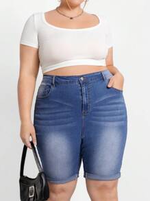 SHEIN CURVE+ Plus Size Women Blue Elastic Casual Roll-Up Hem Slim Fit Denim Shorts For Summer - Medium Wash - View 4