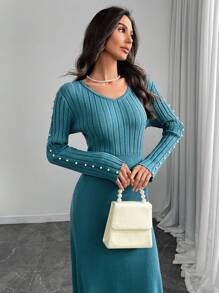 Modelyn Vestido jersey casual de manga larga con cuello en V y decoración de perlas sintéticas para mujer - Agua verde azul - Ver 2