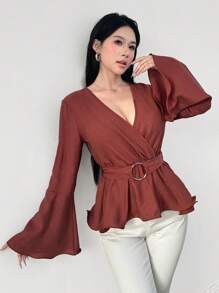 Modelyn Áo cánh tay chuông màu trơn thanh lịch dành cho nữ - Gỗ đỏ - Xem 3