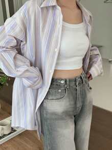 DAZY Áo sơ mi dài tay kẻ sọc rộng rãi thoải mái cho nữ, quần áo trở lại trường - Màu tím hoa cà - Xem 3