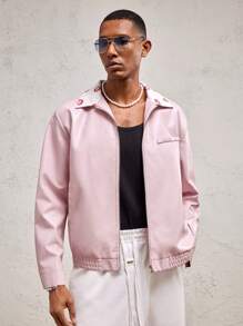 AKNOTIC Party Men's Pink Patchwork Color Block Lip Print Collar Woven PU Loose Drop Shoulder Turndown Collar Fashion Casual Open Front Jacket, Suitable For Spring/Summer, Couples, Valentine's Day, Party