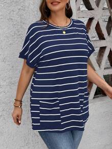 SHEIN LUNE Plus Blue & White Striped Short Sleeve Loose Fit Summer T-Shirt