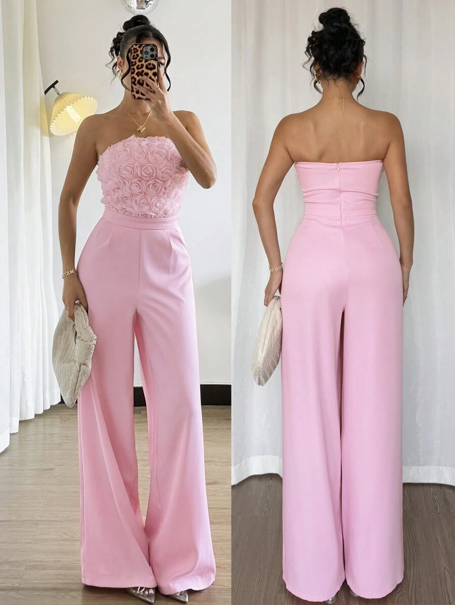Chiquease Bộ đồ liền thân hở lưng họa tiết hoa 3D thanh lịch dành cho nữ - Hồng - Xem 1