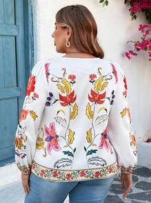 SHEIN Clasi Plus Size Casual Floral Print Puff Sleeve Shirt - Multicolor - View 2