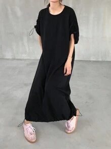 FRIFUL Women's Casual Drawstring Shoulder Decorative Hem Comfortable Versatile Sleeveless Midi Dress, Street Style Sundress