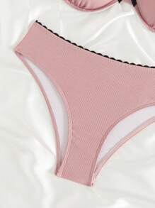 SHEIN Swim 2pcs/Set Solid Ribbed Top And High Waist Ruffle Trim Swim Bottom Beach Outfit, Women Summer Cute Bikini Swimwear Set - Dusty Pink - View 4