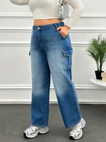 RueChic High Waist Cargo Pocket Straight Jean - Medium Wash - View 6