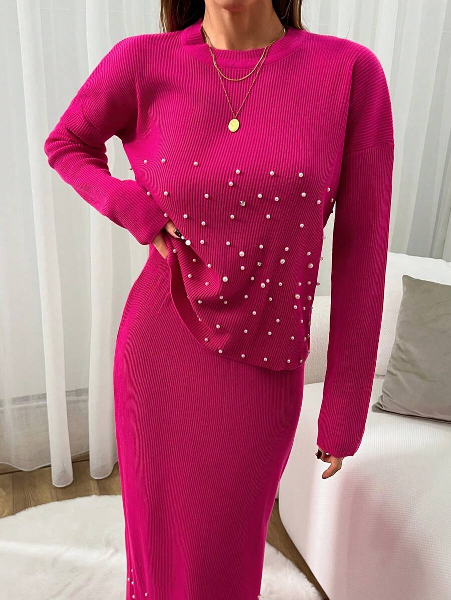 RueChic Conjunto de tejido de punto de falda larga y jersey con perlas - Rosa Fucsia - Ver 1
