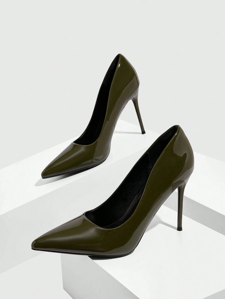 CUCCOO SZL 女士时尚亮面深绿色漆皮经典尖头细高跟鞋，适合通勤、约会、派对、节日、假日、婚礼、情人节 - 墨綠色 - 查看 1