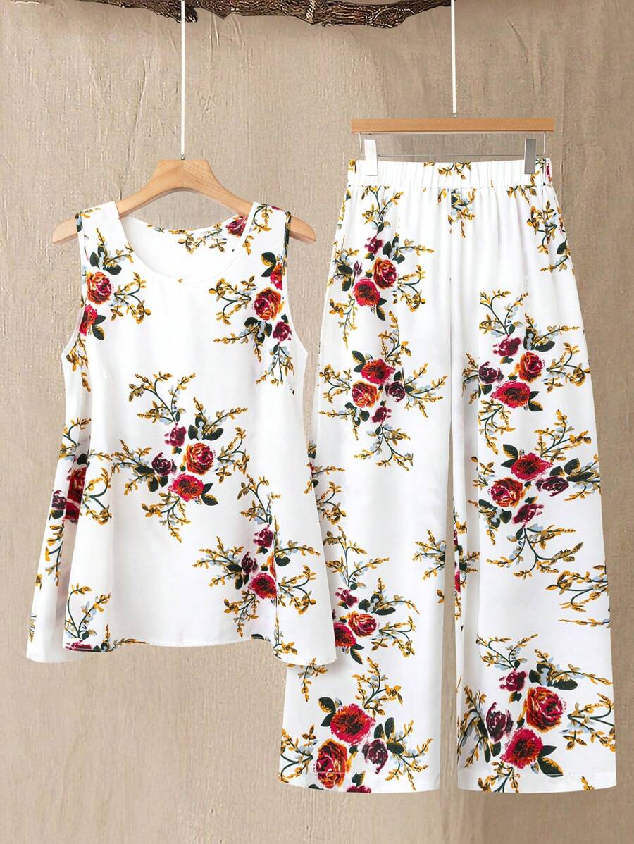EMERY ROSE Bộ 2 món áo không tay in họa tiết thời trang cỡ lớn và quần dài - trắng - Xem 1