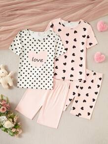 4pcs Teen Girls Polka Dot Heart Print Short Sleeve & Shorts Tight Fitting Comfortable Cute Pajama Set - Multicolor - View 1