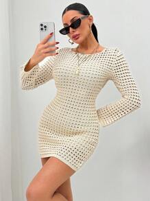 EURMUSE Openwork Crochet Mini Dress – Long Sleeve Sheer Knit Beach Cover-Up With Lining - Beige - View 3
