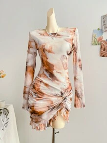 Soleia 女士度假针织网眼复古扎染花卉印花修身长袖褶边荷叶边紧身迷你连衣裙，性感派对