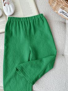 SHEIN LMoss Kids Ensemble de 3 pièces pour bébé fille : veste tricotée mignonne à manches longues, débardeur unicolore et pantalon long - Vert - Voir 4
