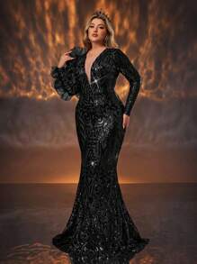 Glamrae 大码优雅浪漫圆领肤色网眼拼接亮片袖 3D 花卉鱼尾礼服，婚礼宾客礼服，适合婚礼庆典活动、派对礼服、晚礼服