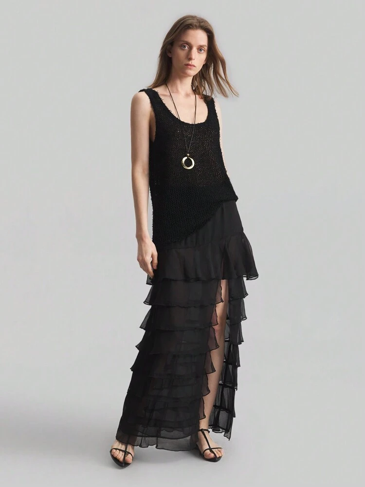 Women's Black Loose Crew Neck Sleeveless Casual Knit Top, Bohemian Style, Everyday Leisure Wear, Spring/Summer 2025