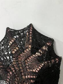 纯色镂空钩针夏季海滩开衫，度假和服风格长袖 - 黑色 - 查看 5