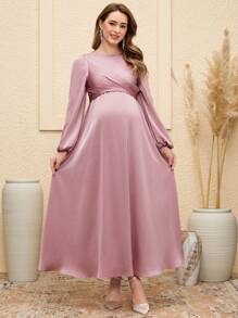 SHEIN 1 chiếc váy dài tay trơn màu cho bà bầu, thời trang tối giản, mặc thường ngày - Bụi hồng - Xem 2