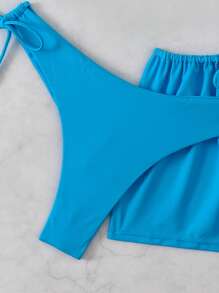 SHEIN Swim Frauen Frühlingsfest Einfarbig Träger Top ohne Bügel, Binden Bikinishorts & Badeshorts 3-teiliges Festival Boho Bademode Set, Sommer Urlaub Sport - Blau - Übersicht 5