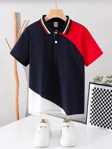 Tween Boys' Casual Color Block Patchwork Polo Shirt With Flat Collar, Short Sleeve, Suitable For Autumn, Spring, Summer, Outdoor Play, School, Street Snap, Party And Casual Home Wear