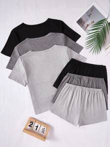Shein Underwear&Sleepwear Basics 3pcs/Set Plus Size Casual Letter Print Short Sleeve T-Shirt And Shorts Outfits