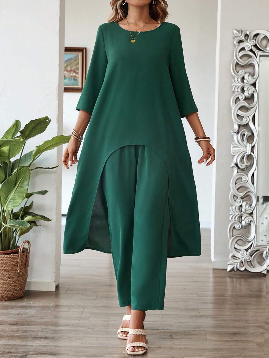 EMERY ROSE 2pcs/Set Women Solid Color Uneven Hem 3/4 Sleeve Top And Pants Outfit - Dark Green - View 1