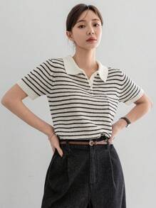 Dazy-Less Damski sweter biznesowy casualowy w paski z blokami kolorów, z krótkim rękawem i kołnierzykiem, w stylu patchworkowym, strój nauczycielski - Biały - Zobacz 7