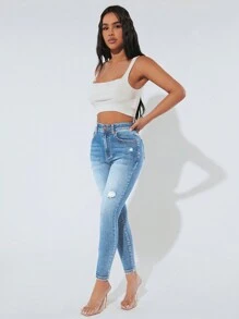 SHEIN PETITE Casual Denim Pants, Minimalist & Fashion For Everyday Wear - Light Wash - View 4
