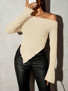 SHEIN SXY Camiseta de punto acanalado con cuello asimétrico estilo grunge, blusas de salida para mujer en otoño - Beis - Ver 5