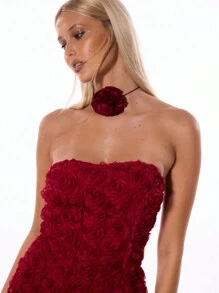 MUSERA Floral Applique Bandeau Mini Dress 90's Flower Occasion Sexy Winter Evening Spring Summer Vacation - Red - View 5