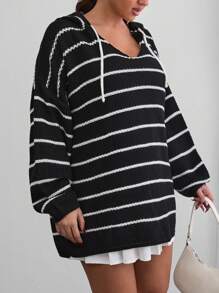 RueChic Striped Pattern Design With Hood Suitable For Casual Style Women's Sweater Tops - Black and White - View 4