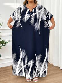 SHEIN CURVE+ Spring And Summer Autumn And Winter Elegant Navy Blue Woven Notched Kaftan Dress Plus Size Dresses - Navy Blue - View 5